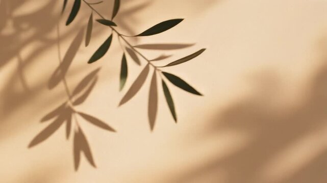 Ultra realistic olive branch shadow overlay drifts across warm beige plaster in Mediterranean sunlight, creating a premium seamless botanical video overlay with elegant natural movement.