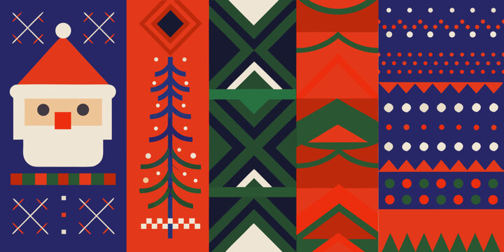 Festive holiday pattern with santa claus christmas trees and geometric shapes