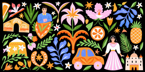 Sicilian Lifestyle Illustration With Buildings Figures And Floral Elements © Rahul