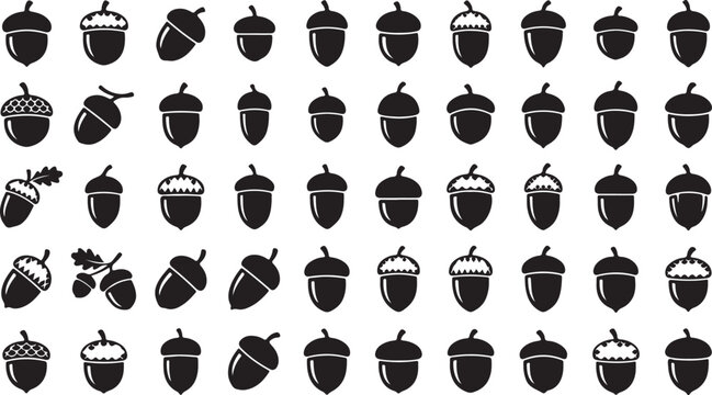 Black and white acorn icons set with variations
