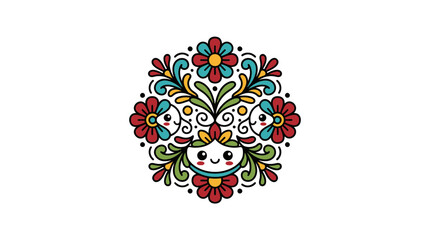 Naklejka premium Cute Folk Art Floral Pattern with Smiley Face