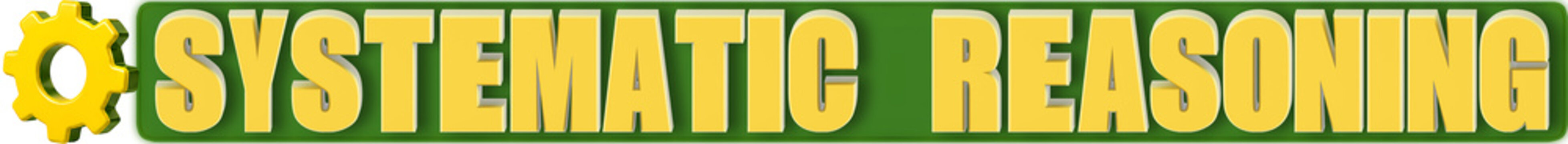 Systematic Reasoning 3d Lettering and Gear, isolated on green curved rectangular background- 3d rendering