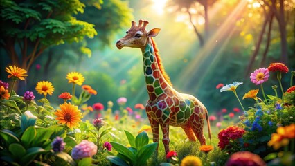 Fototapeta premium A vibrant, colorful giraffe stands amidst a sun-drenched meadow of blooming flowers, creating a whimsical and enchanting scene.