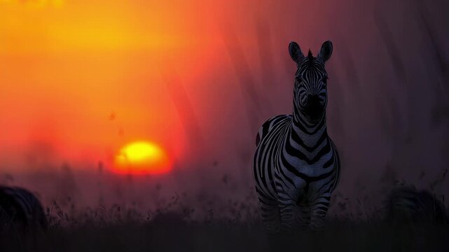 Majestic zebra stands silhouetted against a vibrant African sunset in the savanna