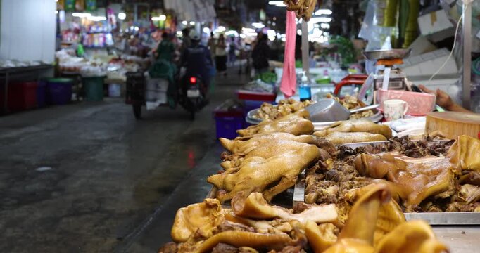 Stir-fried Minced Pork and duck with Chinese soup sell in tradition local market Bangkok Thailand