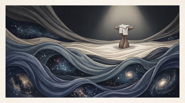 The universe as a flowing cosmic fabric, with galaxies and nebulae swirling around a subtly illuminated pedestal, symbolizing profound origins and endless existence