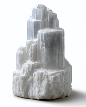 Elegant White Selenite Crystal Tower with Striking Transparency and Texture in Studio Setting
