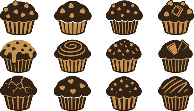 Assorted Chocolate Muffins Cupcakes Vector Set Sweet Bakery Illustrations
