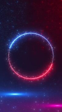 Blue red cosmic ring scene bright circular outline, sparkling particle field, dark middle space, cinematic neon glow. futuristic titles, event openers, logo reveals, music loops, overlays.