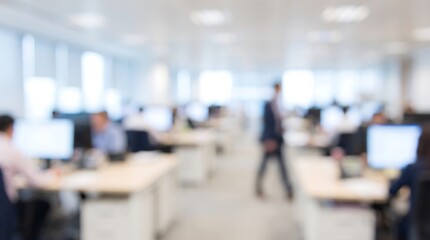 Fototapeta premium Out of focus shot of busy corporate office environment with employees at workstations and walking in bright modern workspace with large windows and professional atmosphere