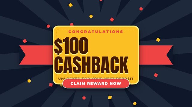 Dynamic cashback announcement animation with "Congratulations $100 Cashback" text and "Claim Reward Now" button, surrounded by confetti and radiating lines, symbolizing financial reward, promotion
