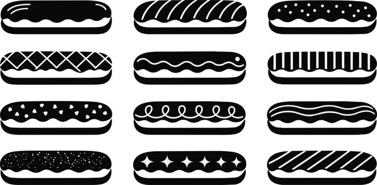 Assorted Eclairs Black White Icons Set with Various Topping Patterns