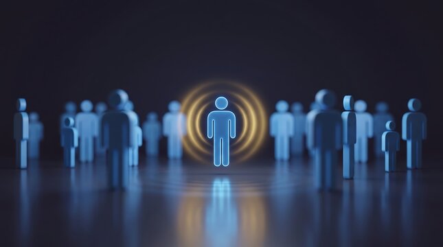 Single blue human icon highlighted with glowing concentric radio waves representing communication and connection in business networking and leadership development concepts
