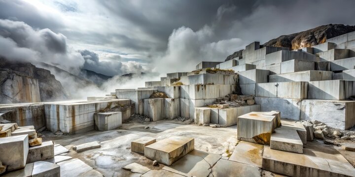 A Majestic Stone Quarry Under a Dramatic Sky Stacked Cubes of Light Gray Stone Against a Backdrop of Misty Mountains and Turbulent Clouds