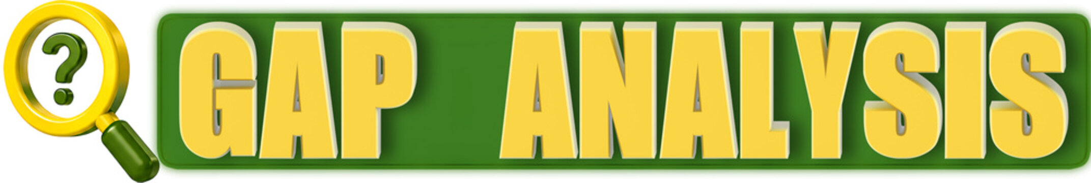 Gap Analysis 3d Lettering and Magnifying Glass, isolated on green curved rectangular background- 3d rendering
