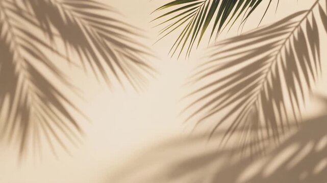 Soft tropical palm leaf shadows drift across light neutral background, creating elegant sunlight overlay for luxury branding, resort visuals, product displays and copy space.