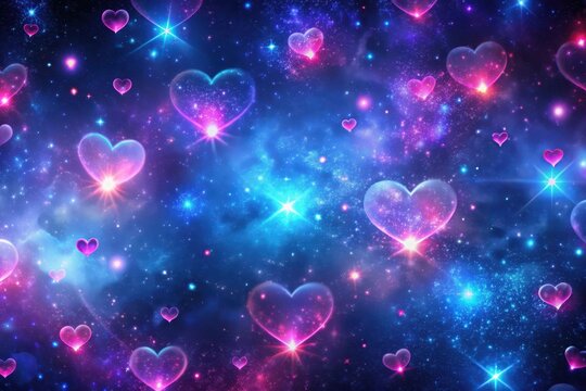Cosmic Heartscape A Celestial Ballet of Glowing Love Symbols in a Vibrant Nebula