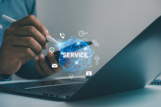 Service online digital technology concept. Businessman touching digital globe hologram with global communication icons. Contact us page, online helpdesk, 24/7 service, Ai chatbot, email, Ai assistance