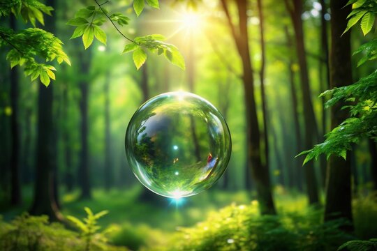A Crystal Orb Reflecting the Serene Beauty of a Lush Forest, Bathed in Golden Sunlight