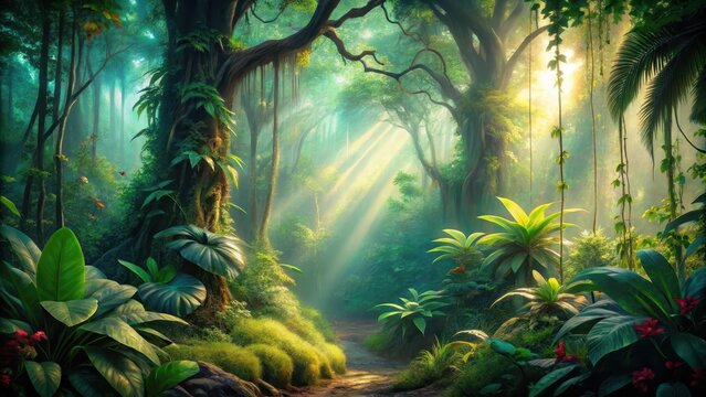Sunlit Path Through Lush Tropical Rainforest, Enchanting Forest Scene with Vibrant Greenery and Tranquil Atmosphere