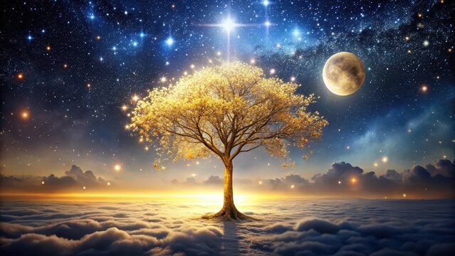Golden Tree of Celestial Dreams in a Sea of Clouds and Stars