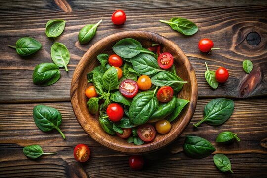 A vibrant bowl of fresh spinach and cherry tomatoes, arranged artfully on a rustic wooden surface with additional leaves scattered around.