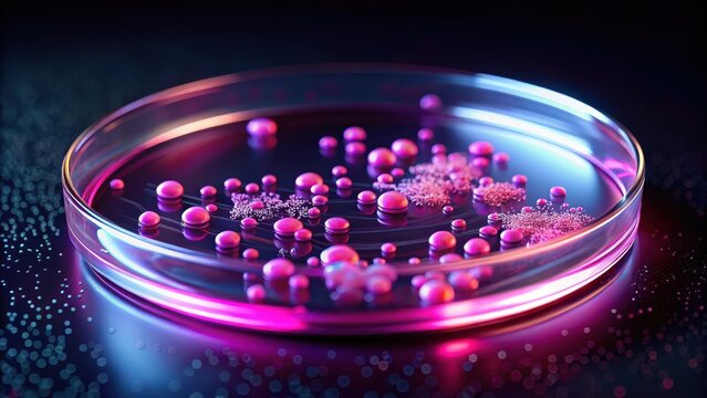 Illuminated Petri Dish with Vibrant Spheres and Crystalline Structures Undergoing Scientific Examination
