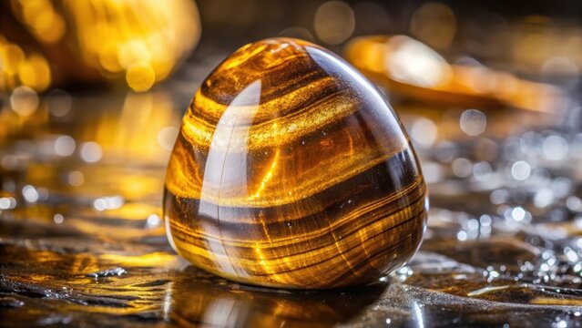 Striking Polished Tiger Eye Gemstone, Close-Up View Showing Rich Golden Brown Hues and Intricate Natural Stripes on a Dark Reflective Surface