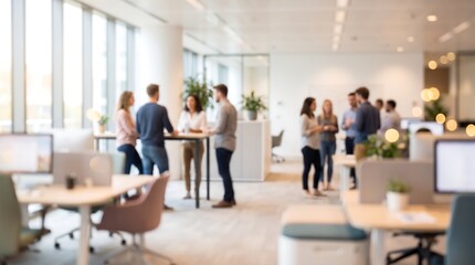 Obraz premium Out of focus office scene showing professionals standing and talking in a contemporary workplace with desks and computers visible in the background for a business atmosphere