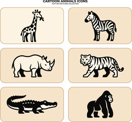 Obraz premium A selection of black and white cartoon animal icons featuring a giraffe, zebra, rhino, tiger, crocodile, and gorilla for web layout.