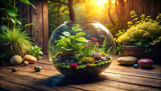 Enclosed miniature garden ecosystem thriving in a glass terrarium, showcasing vibrant flora and serene natural elements on a rustic wooden surface