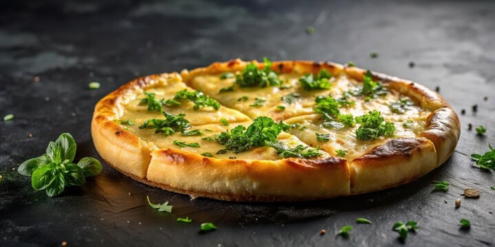 A Delicious Four Cheese Pizza with Fresh Herbs, Baked to Perfection on a Dark Background