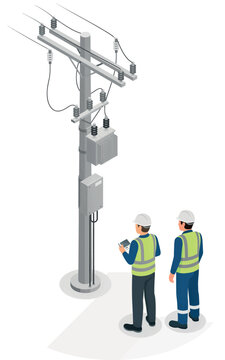 Electrical workers checking utility pole with tablet isolated on transparent background, Vector