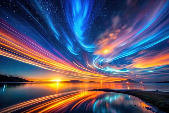 Serene Sunset over Calm Water with Vibrant Celestial Light Trails Reflecting on the Still Surface