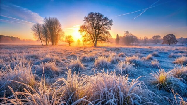Serene Winter Sunrise Frost-Kissed Meadow with Silhouetted Trees and a Golden Horizon
