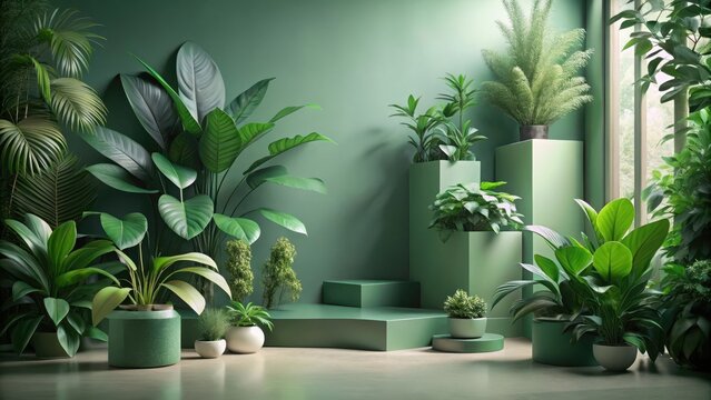 Serene Indoor Garden with Lush Greenery and Modern Minimalist Green Planters on a Stylish Display