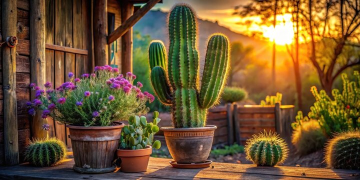 Sunset Serenity Desert Blooms and Prickly Plants Bask in Golden Hour Light on Rustic Wooden Surface