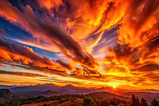 Fiery Sunset over a Majestic Mountain Range, Painted Across the Canvas of the Evening Sky with Vibrant Hues of Orange, Crimson, and Gold