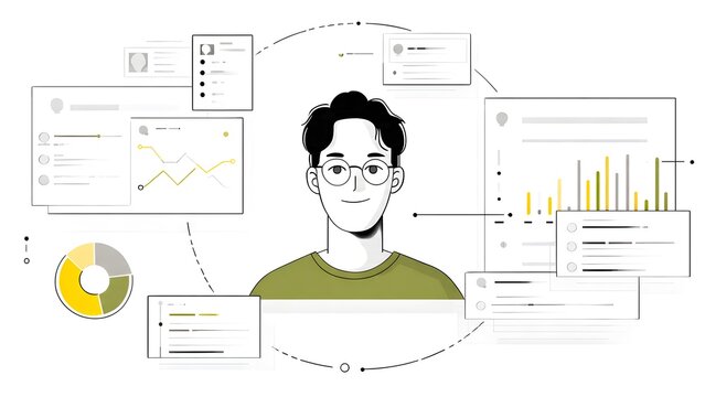 Minimalist illustration of young man surrounded by data points, charts, and documents, representing personal data management and digital profile analytics.