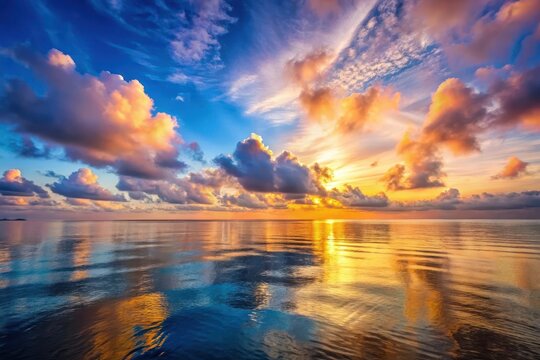 Serene Sunset over Calm Ocean Waters, Painted with Vivid Hues of Orange and Gold, Reflecting in the Tranquil Sea