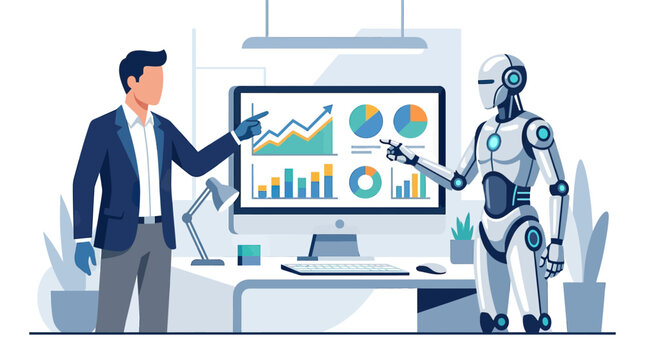 Businessman and humanoid robot analyzing data charts on a screen