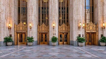 Obraz premium Grand Art Deco Entrance with Ornate Gold Doors and Marble Facade Illuminated by Warm Uplighting