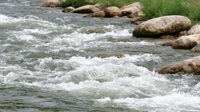 Rushing white water rapids flow over smooth river rocks with green grass on the bank