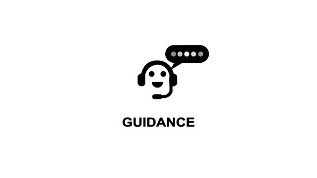 Simple Icon of a Smiling Face with Headphones and Microphone with a Chat Bubble Showing Loading Dots and the Word Guidance