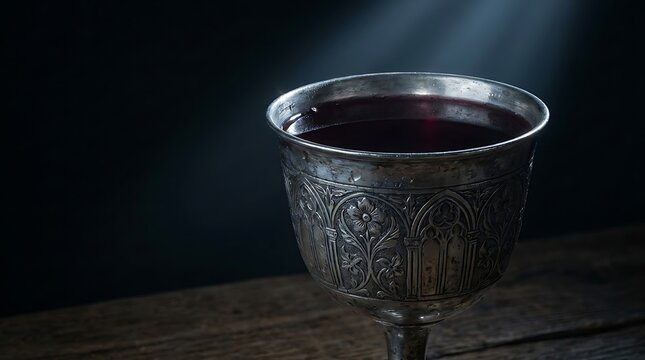 A beautifully detailed antique silver chalice, gleaming with red wine, sits on a rustic wooden table, illuminated by divine light from above, evoking a sense of ancient ritual and sacred reverence