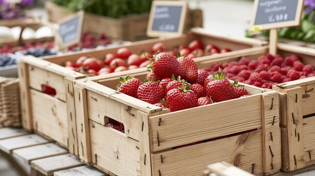 Fresh Strawberries and Raspberries in Wooden Crates at an Outdoor Farmers Market Stand