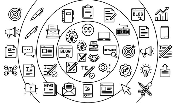 Modern Copywriting and Content Marketing Outline Icon Set Editable Stroke Linear Business Vector Symbols