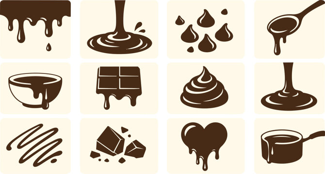 Brown Chocolate Melting Drips, Chips, and Sweet Dessert Icons