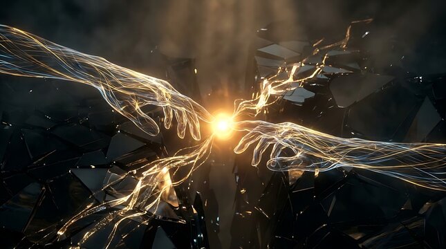 A spiritual connection depicted as glowing hands reaching out to touch a central light source, symbolizing unity and creation