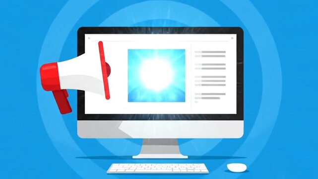 A digital illustration of a computer screen with a megaphone icon